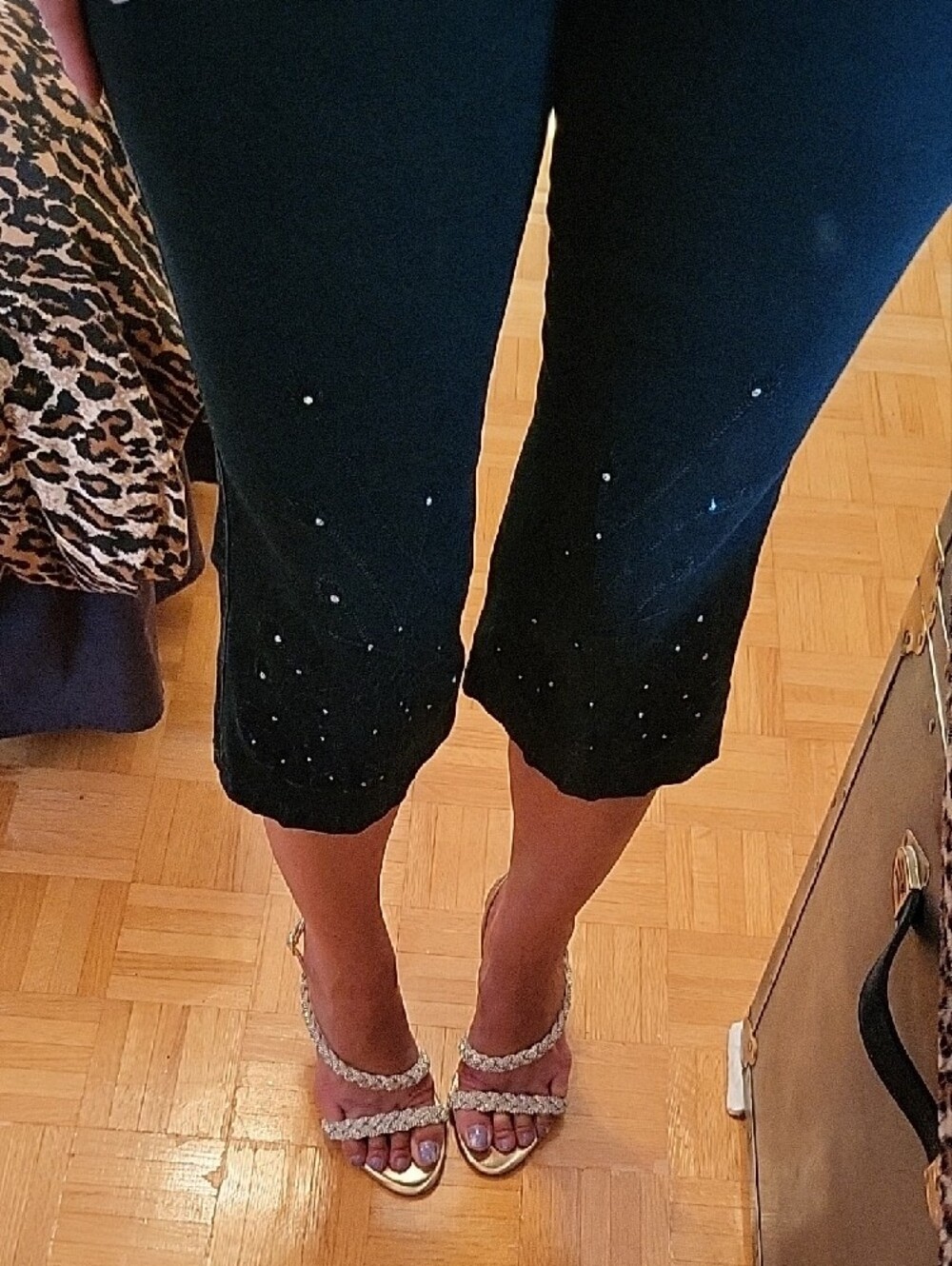 Women's Black Denim Capri Pants with Rhinestone & Embroidery Detail, M/10